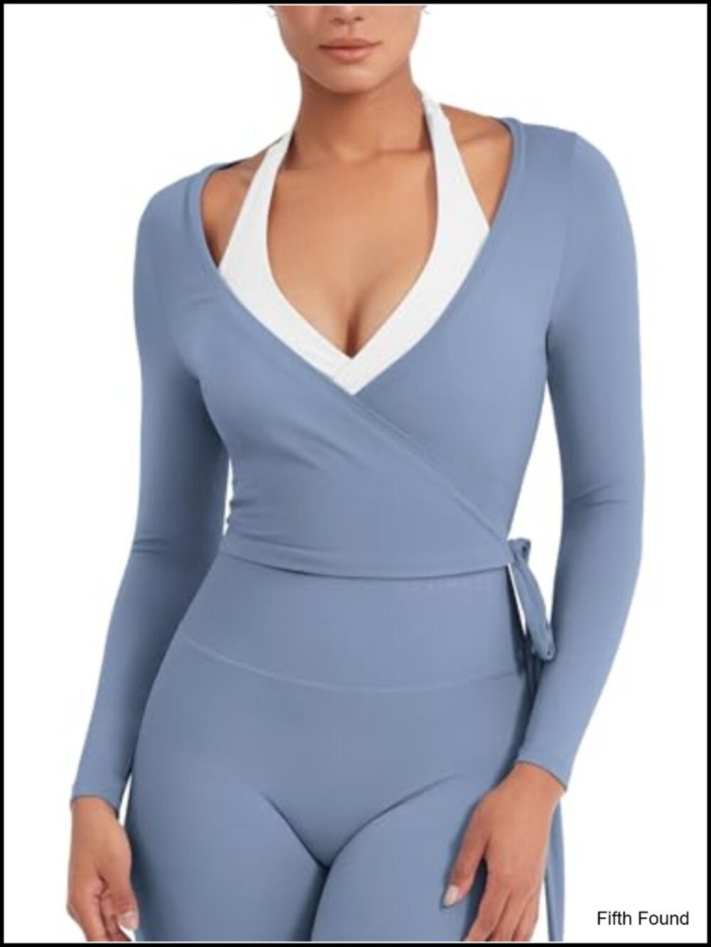 Women's Wrap Top Long Sleeve V-Neck Self Tie Cropped Ballet Yoga Workout Shirt